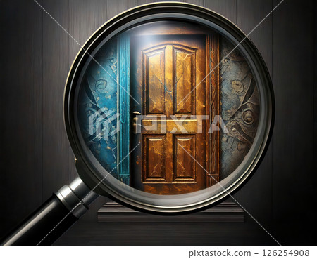 Unique wooden door viewed through a magnifying glass showcasing intricate details and textures in a mysterious setting. Generative AI 126254908
