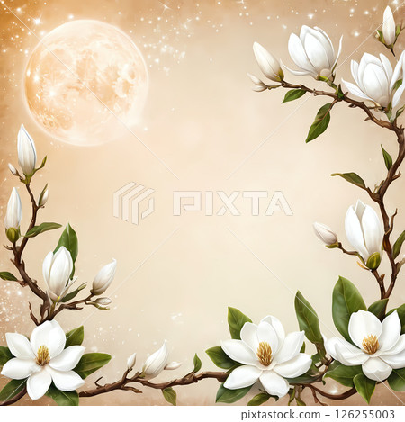 Delicate magnolia flowers gracefully adorn the corners of a soft, warm background, evoking a sense of peaceful serenity. A bright full moon casts a gentle glow, illuminating the ethereal petals and 126255003