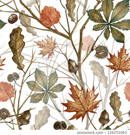 Seamless pattern with different autumn leaves and branches. Handmade watercolor illustration. Color image. Great for packaging, decor, textiles, wallpaper, for printing and wrapping paper. 126255063