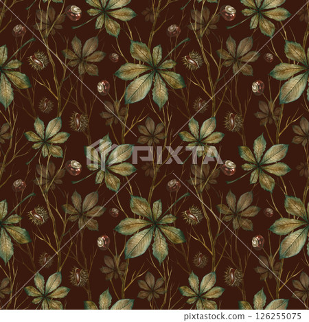 Seamless pattern with autumn chestnut leaves, twigs and fruits. Handmade watercolor illustration. On a dark background. Great for packaging, decor, textiles and wallpaper, printing and wrapping paper. 126255075