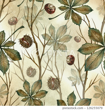 Seamless pattern with autumn chestnut leaves, twigs and fruits. Handmade watercolor illustration. On a colored background. For packaging, decor, textiles and wallpaper, for printing and wrapping paper 126255079
