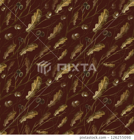 Seamless pattern with autumn oak leaves, twigs and acorns. Handmade watercolor illustration. A color image on a dark background. For packaging, decor, textiles, for printing and wrapping paper. 126255098