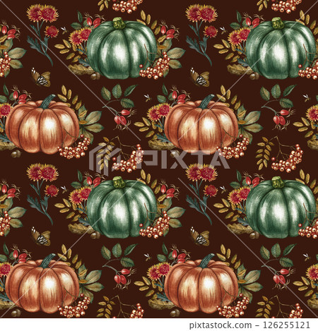 Seamless autumn pattern with pumpkins and various plant elements. Handmade watercolor illustration. On a dark background. For packaging, decor, textiles, wallpaper, printing and wrapping paper. 126255121