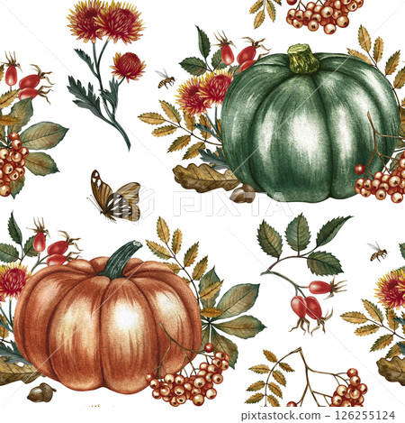 Seamless autumn pattern with pumpkins, leaves and flowers. Handmade watercolor illustration. Color image. For packaging, decor, textiles, wallpaper. As well as for printing and wrapping paper. 126255124