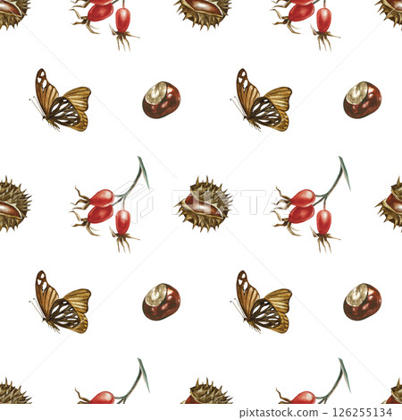 Seamless pattern with chestnuts, rose hips and butterflies. Handmade watercolor illustration. Color image. For packaging, decor, textiles and wallpaper, for printing, wrapping paper 126255134