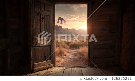 Rustic wooden cabin doorway overlooking desert landscape with american flag at sunset. 126255251