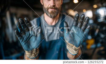 Caucasian male adult mechanic with dirty gloves in workshop environment. 126255272