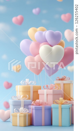 Colorful heart balloons and gift boxes against a blue sky background. 126255402