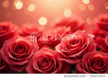 Lush red roses bloom passionately, velvety petals catching delicate glimmer of bokeh lights. Enchanting arrangement mesmerizing atmosphere, love admiration. A blank space invites heartfelt messages AI 126255433