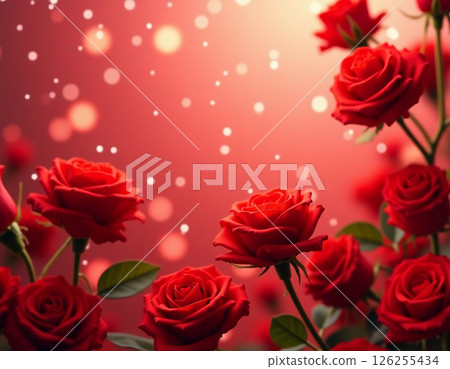 Lush red roses bloom passionately, velvety petals catching delicate glimmer of bokeh lights. Enchanting arrangement mesmerizing atmosphere, love admiration. A blank space invites heartfelt messages AI 126255434