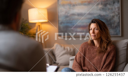 Caucasian adult female in therapy session with male therapist, cozy living room setting. Caucasian adult female in therapy session with male therapist, cozy living room setting. 126255437