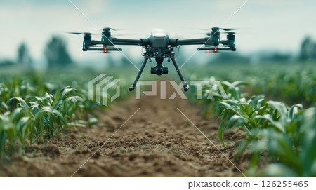 Agriculture drone flying over corn field for crop monitoring and analysis. Agriculture drone flying over corn field for crop monitoring and analysis. 126255465