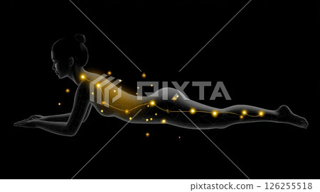 Silhouette of asian female in yoga pose with glowing energy nodes. 126255518