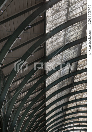 Architecture greco-roman style with iron glass roof and light bulbs on the ceiling. 126255745