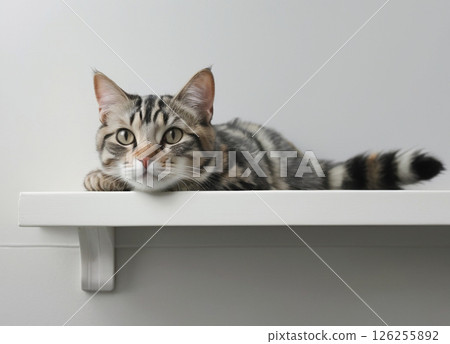 Calico cat lying on a shelf 126255892