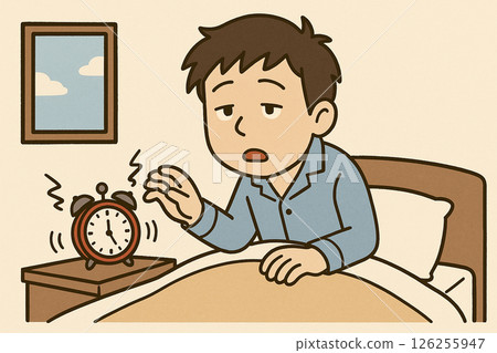 Man turning off his alarm clock in the morning 126255947