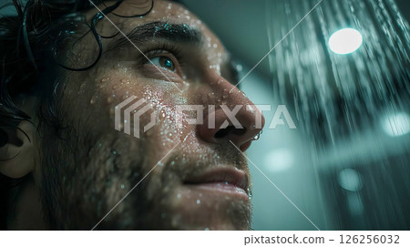 Face of man with short dark hair stands under continuous stream of water in modern shower cabin with glass walls 126256032