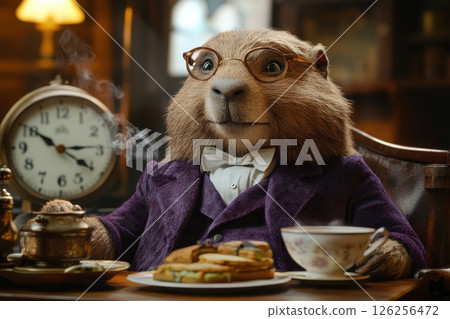 Animal character enjoying tea and pancakes in cozy library setting whimsical scene charming perspective 126256472