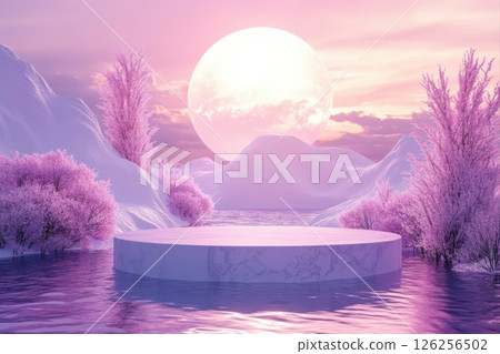 Ethereal sunset reflection on a serene lake a dreamlike digital art panorama Ethereal sunset reflection on a serene lake a dreamlike digital art panorama 126256502