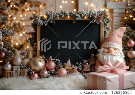 A blackboard with a white frame sits in front of a Christmas tree A blackboard with a white frame sits in front of a Christmas tree 126256503