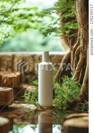 A bottle of perfume is sitting on a rock next to a tree A bottle of perfume is sitting on a rock next to a tree 126256517