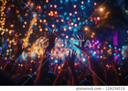 Celebration of joyful togetherness city streets night festival vibrant atmosphere crowd perspective community spirit 126256518