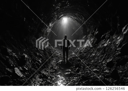 Mysterious journey through shadows dark tunnels and abandoned caves in black and white 126256546