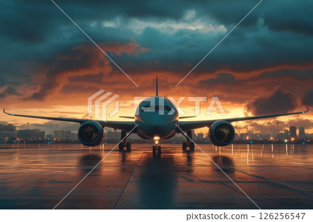 Jet taking off at dusk international airport photography cloudy sky front view aviation journey begins Jet taking off at dusk international airport photography cloudy sky front view aviation journey begins 126256547
