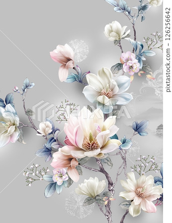 Vivid Hand Drawn Curly Flower Motif Illustrations 126256642