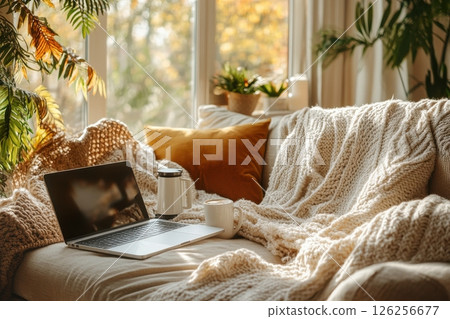 Cozy home workspace setup living room lifestyle image bright environment warm viewpoint comfort and productivity 126256677