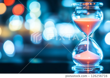 Hourglass Measuring Time Countdown with Colorful Background and Blurry Light Effects 126256716