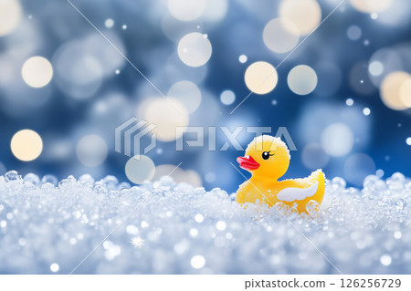 Cheerful Rubber Duck Surrounded by Sparkling Snowflakes and Soft Bokeh Background 126256729