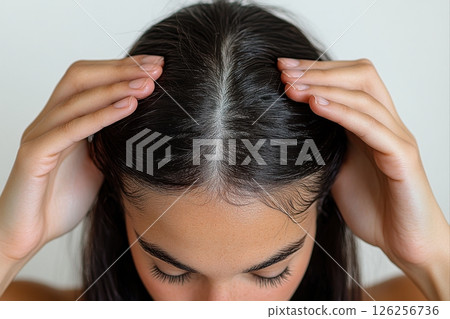 Hair care rituals a young woman's scalp massage indoor setting lifestyle focus close-up perspective self-care concept 126256736