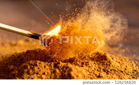 cinnamon powder with lit match. Background concept. Generated Image cinnamon powder with lit match. Background concept. Generated Image 126256820