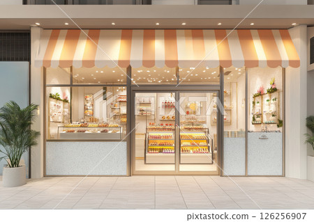 A bakery with a white and orange awning 126256907