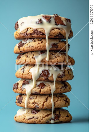 Deliciously melting chocolate chip cookies stacked high studio food photography bright blue background close-up tempting treats 126257045