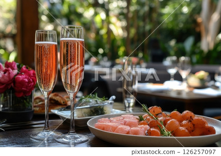 A table with two champagne flutes and a plate of food 126257097