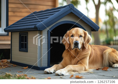 Golden retriever relaxing by dog house in autumn setting pet photography outdoor close-up serenity 126257106