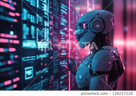 Futuristic ai robotic interface exploring digital art and technology hub interactions Futuristic ai robotic interface exploring digital art and technology hub interactions 126257228