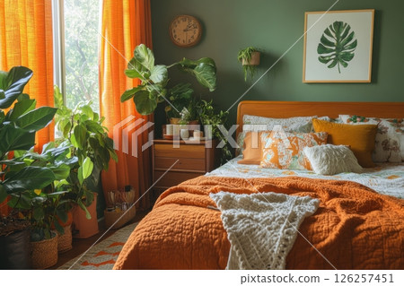 Cozy bedroom decor featuring indoor plants home interior design relaxing atmosphere natural light Cozy bedroom decor featuring indoor plants home interior design relaxing atmosphere natural light 126257451