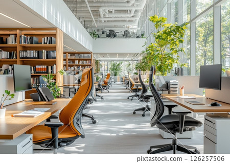 Modern office workspace urban environment interior design bright atmosphere wide angle view 126257506