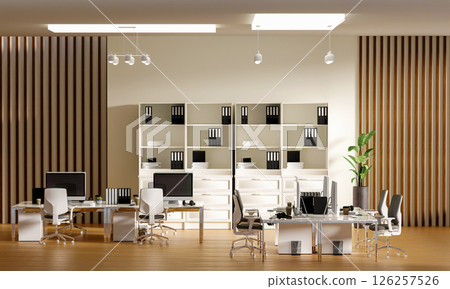 Inviting open office layout with multiple desks and stylish decor, 3D render illustration. Inviting open office layout with multiple desks and stylish decor, 3D render illustration. 126257526