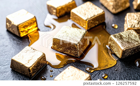Whiskey rocks melting gold puddles . Background. Generated Image 126257592