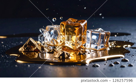 Whiskey rocks melting gold puddles . Background. Generated Image 126257596