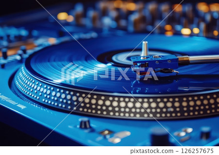 Spinning vinyl dj performance at nightclub music scene close-up vibrant atmosphere artistic perspective Spinning vinyl dj performance at nightclub music scene close-up vibrant atmosphere artistic perspective 126257675