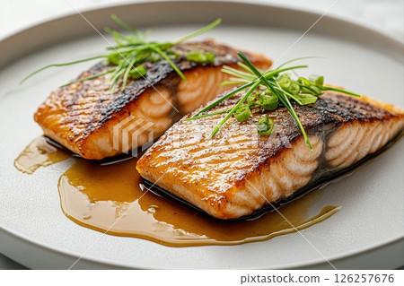 Gourmet sizzling salmon fillets culinary artistry in bright food photography Gourmet sizzling salmon fillets culinary artistry in bright food photography 126257676