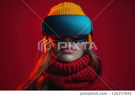 Virtual reality experience urban setting portrait studio environment close-up view modern technology concept 126257691
