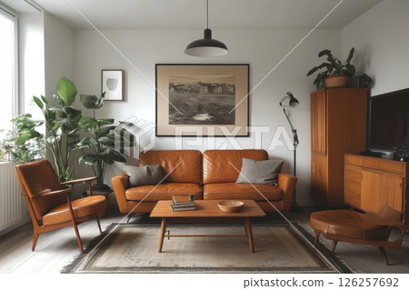 Cozy living room decor modern apartment interior photography urban environment wide angle scandinavian style 126257692