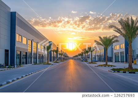 Sunset over commercial district urban landscape photography industrial area wide angle serenity 126257693