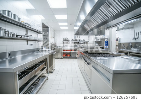 Busy culinary action in a modern restaurant kitchen urban setting professional environment wide angle view for culinary art 126257695
